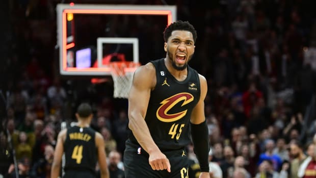 Mar 6, 2023; Cleveland, Ohio, USA; Cleveland Cavaliers guard Donovan Mitchell (45) celebrates after the Cavaliers beat the Boston Celtics at Rocket Mortgage FieldHouse. Mandatory Credit: Ken Blaze-USA TODAY Sports